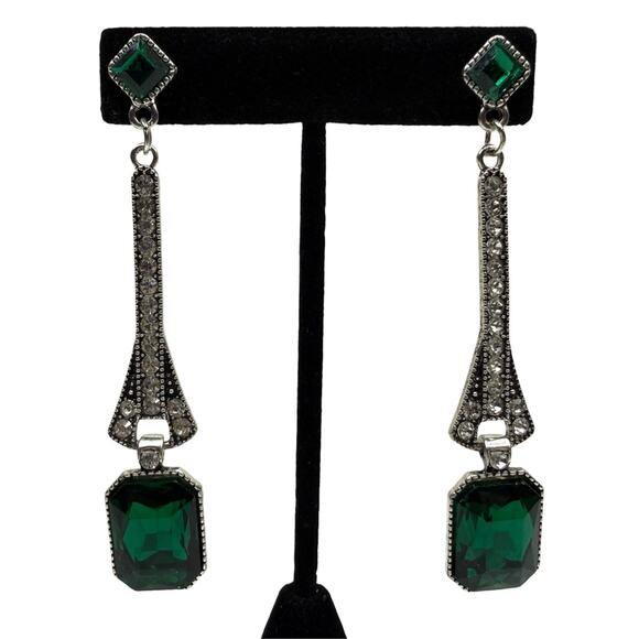 Does not apply Jewelry - Art Deco Style Emerald Green Crystal Dangle Drop Earrings Silver Tone 3.5 in